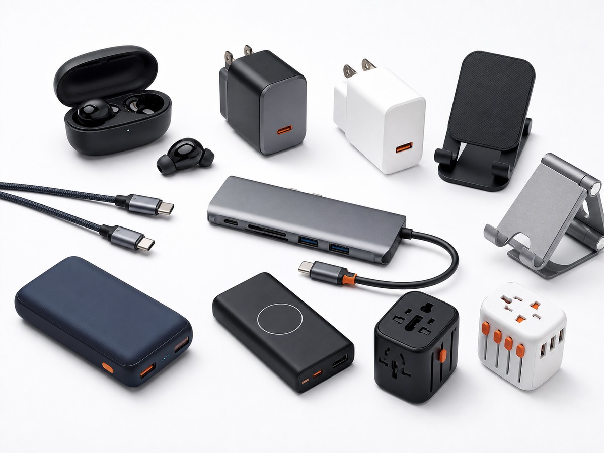 3C digital accessories including chargers, earbuds, cables, USB hubs, and power banks