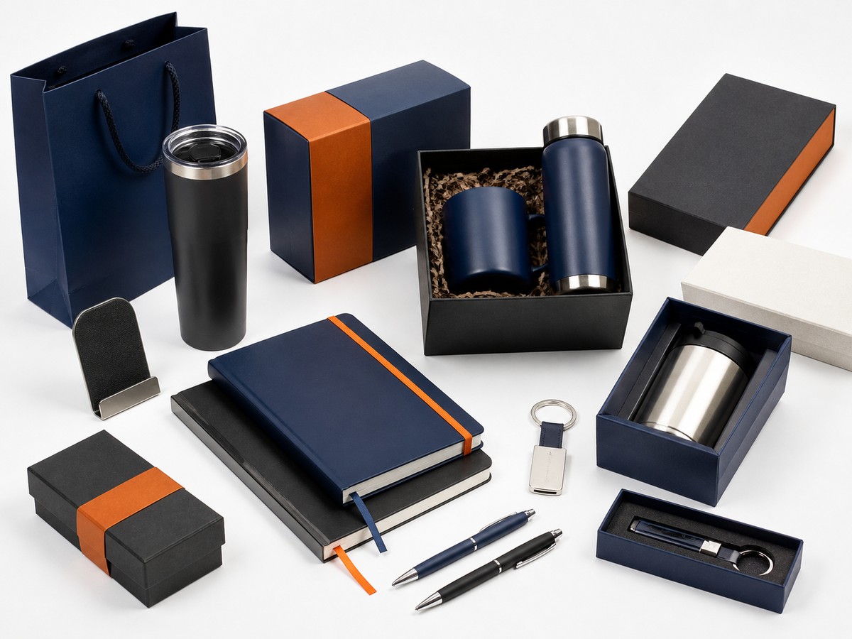Corporate gifts including notebooks, pens, tumblers, packaging, and desk accessories