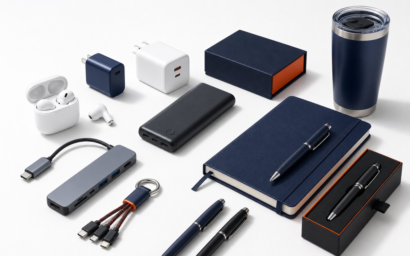 Wireless earbuds, power bank, chargers, USB hub, notebook, pens, tumbler, and gift box samples